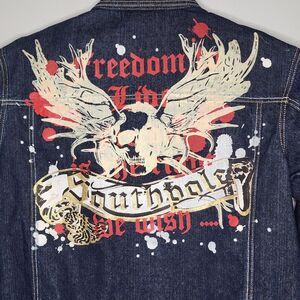Southpole Mens Denim Painter Trucker Jacket Size M Blue Button Front Graphics‎